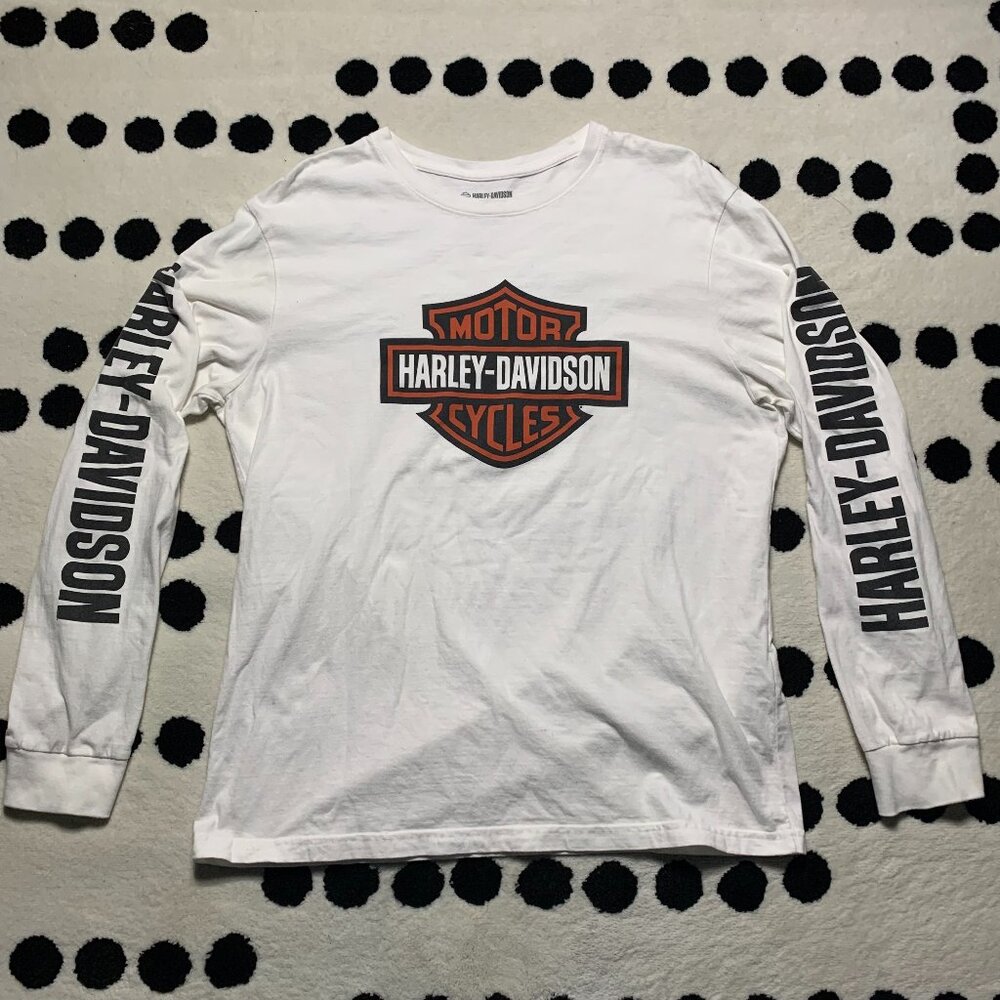 Harley-Davidson Long Sleeve Shirt Mens Large White Biker Motorcycle Graphic Logo